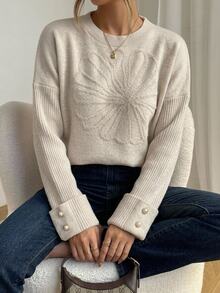 Trelyra Embroidered Floral Oversized Sweater With Faux Pearl Cuff Buttons - Beige - View 3