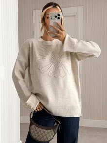 Trelyra Embroidered Floral Oversized Sweater With Faux Pearl Cuff Buttons - Beige - View 7