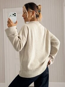 Trelyra Embroidered Floral Oversized Sweater With Faux Pearl Cuff Buttons - Beige - View 2
