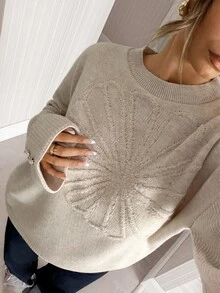 Trelyra Embroidered Floral Oversized Sweater With Faux Pearl Cuff Buttons - Beige - View 6