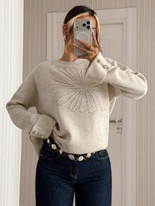 Trelyra Embroidered Floral Oversized Sweater With Faux Pearl Cuff Buttons - Beige - View 5