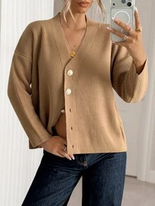 Trelyra Solid V-Neck Minimal Casual Elegant Taupe Button Ribbed Fine Knit Cardigan Office Autumn Winter - Camel - View 6