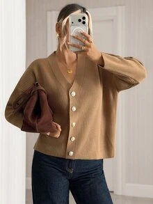 Trelyra Solid V-Neck Minimal Casual Elegant Taupe Button Ribbed Fine Knit Cardigan Office Autumn Winter - Camel - View 3