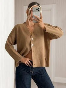 Trelyra Solid V-Neck Minimal Casual Elegant Taupe Button Ribbed Fine Knit Cardigan Office Autumn Winter - Camel - View 5