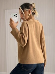 Trelyra Solid V-Neck Minimal Casual Elegant Taupe Button Ribbed Fine Knit Cardigan Office Autumn Winter - Camel - View 2