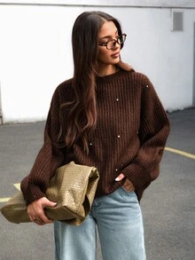 SHEIN Elegant Chic Solid Rib-Knit Round Neck Sweater With Premium Rhinestone Detail - Brown - View 4