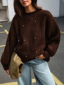 SHEIN Elegant Chic Solid Rib-Knit Round Neck Sweater With Premium Rhinestone Detail - Brown - View 3