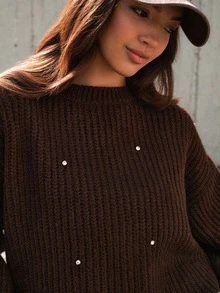 SHEIN Elegant Chic Solid Rib-Knit Round Neck Sweater With Premium Rhinestone Detail - Brown - View 6