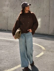 SHEIN Elegant Chic Solid Rib-Knit Round Neck Sweater With Premium Rhinestone Detail - Brown - View 5