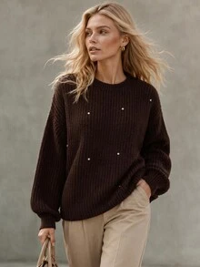 SHEIN Elegant Chic Solid Rib-Knit Round Neck Sweater With Premium Rhinestone Detail - Brown - View 1