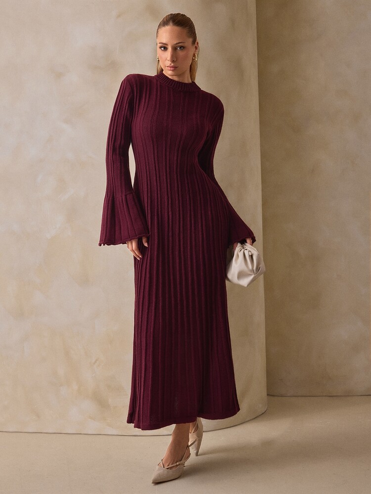 Trelyra Women Round Neck Bodycon Long Flare Sleeve Rib Knit Sweater Dress - Burgundy - View 4