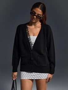 Trelyra Women Lace Detailed Button Front Cardigan - Black - View 7