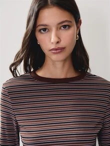 Nöista Womenswear Long Sleeve Top For Back To School, Stripped Fabric With Contrast Neck Fitted Fitting, Perfect For Fall Winter Season  - Brown - View 3