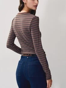 Nöista Womenswear Long Sleeve Top For Back To School, Stripped Fabric With Contrast Neck Fitted Fitting, Perfect For Fall Winter Season  - Brown - View 2