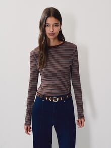 Nöista Womenswear Long Sleeve Top For Back To School, Stripped Fabric With Contrast Neck Fitted Fitting, Perfect For Fall Winter Season  - Brown - View 1