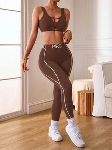 Slayform Slayform Women's Fashion Cutout Sexy Tank Top And Striped Slim Fit Leggings Sports Set - Brown - View 7