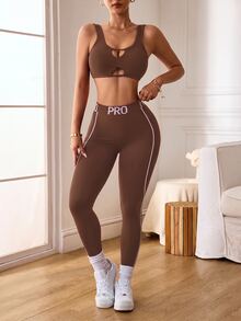 Slayform Slayform Women's Fashion Cutout Sexy Tank Top And Striped Slim Fit Leggings Sports Set - Brown - View 4