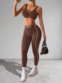 Slayform Slayform Women's Fashion Cutout Sexy Tank Top And Striped Slim Fit Leggings Sports Set - Brown - View 1