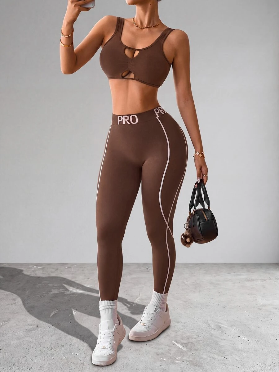 Slayform Slayform Women's Fashion Cutout Sexy Tank Top And Striped Slim Fit Leggings Sports Set - Brown - View 1