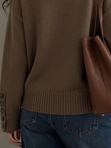 Balvessa Women's Round Neck Dropped Shoulder Long Sleeve Sweater With Vertical Multi-Button Cuffs And Ribbed Hem, Minimalist Fashion Relaxed Fit Everyday Versatile - Coffee Brown - View 7