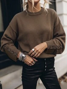 Balvessa Women's Round Neck Dropped Shoulder Long Sleeve Sweater With Vertical Multi-Button Cuffs And Ribbed Hem, Minimalist Fashion Relaxed Fit Everyday Versatile - Coffee Brown - View 1