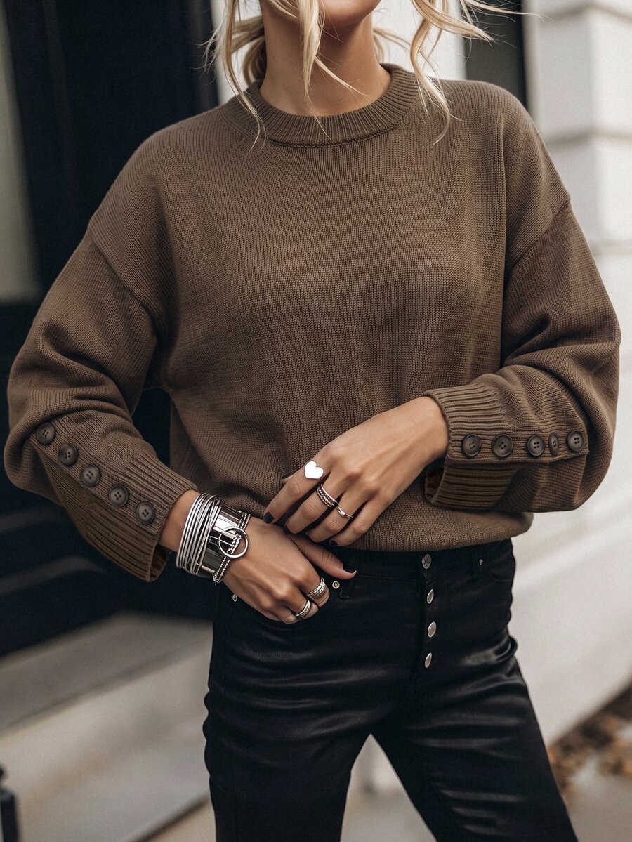 Balvessa Women's Round Neck Dropped Shoulder Long Sleeve Sweater With Vertical Multi-Button Cuffs And Ribbed Hem, Minimalist Fashion Relaxed Fit Everyday Versatile - Coffee Brown - View 1
