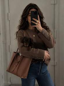 Balvessa Women's Round Neck Dropped Shoulder Long Sleeve Sweater With Vertical Multi-Button Cuffs And Ribbed Hem, Minimalist Fashion Relaxed Fit Everyday Versatile - Coffee Brown - View 5