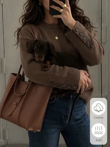 Balvessa Women's Round Neck Dropped Shoulder Long Sleeve Sweater With Vertical Multi-Button Cuffs And Ribbed Hem, Minimalist Fashion Relaxed Fit Everyday Versatile - Coffee Brown - View 3