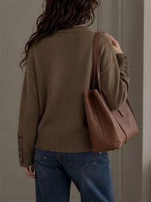 Balvessa Women's Round Neck Dropped Shoulder Long Sleeve Sweater With Vertical Multi-Button Cuffs And Ribbed Hem, Minimalist Fashion Relaxed Fit Everyday Versatile - Coffee Brown - View 2