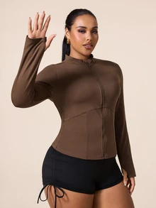 Slayform Women's Plus Size Solid Color Zipper Long Sleeve Sports Jacket Fall - Coffee Brown - View 3