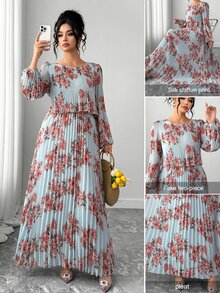 Elenzga Đầm maxi xếp ly dáng chữ A tay dài bằng voan in hoa màu xanh nhạt thanh lịch cho nữ, size lớn, phong cách kín đáo, phù hợp cho đám cưới mùa thu, tiệc brunch, khách mời và tiệc trà - Nhiều màu - Xem 3