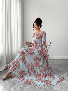 Elenzga Đầm maxi xếp ly dáng chữ A tay dài bằng voan in hoa màu xanh nhạt thanh lịch cho nữ, size lớn, phong cách kín đáo, phù hợp cho đám cưới mùa thu, tiệc brunch, khách mời và tiệc trà - Nhiều màu - Xem 9