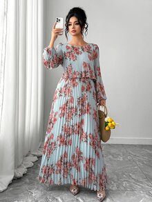 Elenzga Đầm maxi xếp ly dáng chữ A tay dài bằng voan in hoa màu xanh nhạt thanh lịch cho nữ, size lớn, phong cách kín đáo, phù hợp cho đám cưới mùa thu, tiệc brunch, khách mời và tiệc trà - Nhiều màu - Xem 7