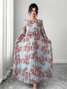 Elenzga Đầm maxi xếp ly dáng chữ A tay dài bằng voan in hoa màu xanh nhạt thanh lịch cho nữ, size lớn, phong cách kín đáo, phù hợp cho đám cưới mùa thu, tiệc brunch, khách mời và tiệc trà - Nhiều màu - Xem 5