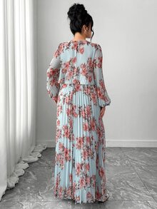 Elenzga Đầm maxi xếp ly dáng chữ A tay dài bằng voan in hoa màu xanh nhạt thanh lịch cho nữ, size lớn, phong cách kín đáo, phù hợp cho đám cưới mùa thu, tiệc brunch, khách mời và tiệc trà - Nhiều màu - Xem 4