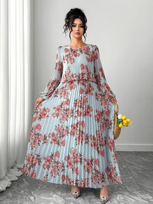 Elenzga Đầm maxi xếp ly dáng chữ A tay dài bằng voan in hoa màu xanh nhạt thanh lịch cho nữ, size lớn, phong cách kín đáo, phù hợp cho đám cưới mùa thu, tiệc brunch, khách mời và tiệc trà - Nhiều màu - Xem 8