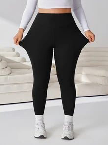 Solflare Plus Size Women's Solid Color High Waist Casual Versatile Leggings - Black - View 7