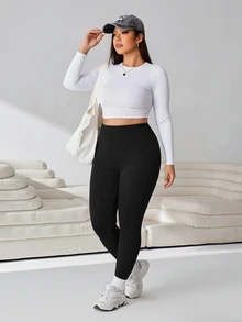 Solflare Plus Size Women's Solid Color High Waist Casual Versatile Leggings - Black - View 6