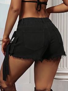 Slaydiva Plus Size Women Buckle Design Fashion Denim Cargo Skort - Dark Grey - View 2