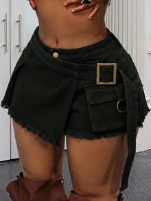 Slaydiva Plus Size Women Buckle Design Fashion Denim Cargo Skort - Dark Grey - View 1