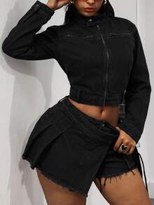 Slaydiva Plus Size Women Buckle Design Fashion Denim Cargo Skort - Dark Grey - View 5