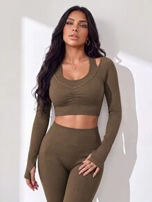 Slayform Women's Solid Color Raglan Long Sleeve Ruched Cropped T-Shirt And Leggings Sports Set - Brown - View 7