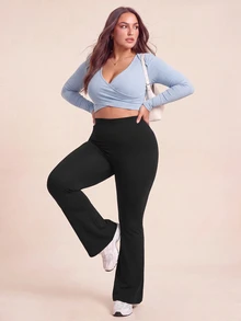 SHEIN Rhythm Era Women's Plus Size Solid Color High Waist Sports Pants - Black - View 6