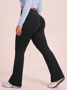 SHEIN Rhythm Era Women's Plus Size Solid Color High Waist Sports Pants - Black - View 5