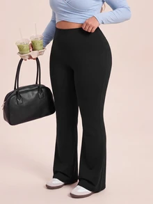 SHEIN Rhythm Era Women's Plus Size Solid Color High Waist Sports Pants - Black - View 7