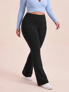 SHEIN Rhythm Era Women's Plus Size Solid Color High Waist Sports Pants - Black - View 9
