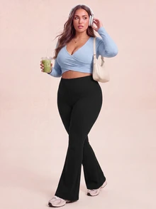 SHEIN Rhythm Era Women's Plus Size Solid Color High Waist Sports Pants - Black - View 4