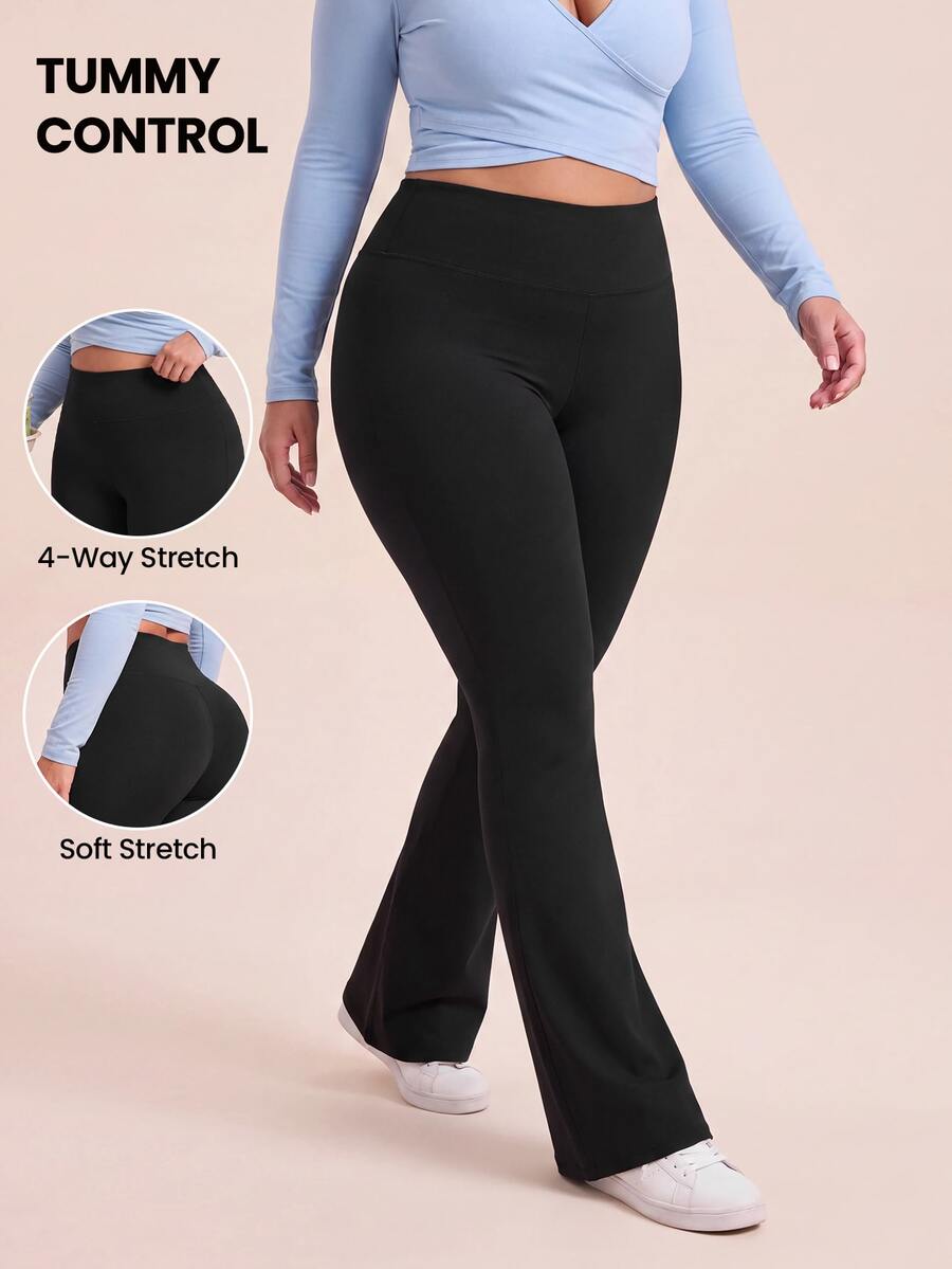 SHEIN Rhythm Era Women's Plus Size Solid Color High Waist Sports Pants - Black - View 1