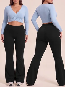 SHEIN Rhythm Era Women's Plus Size Solid Color High Waist Sports Pants - Black - View 3