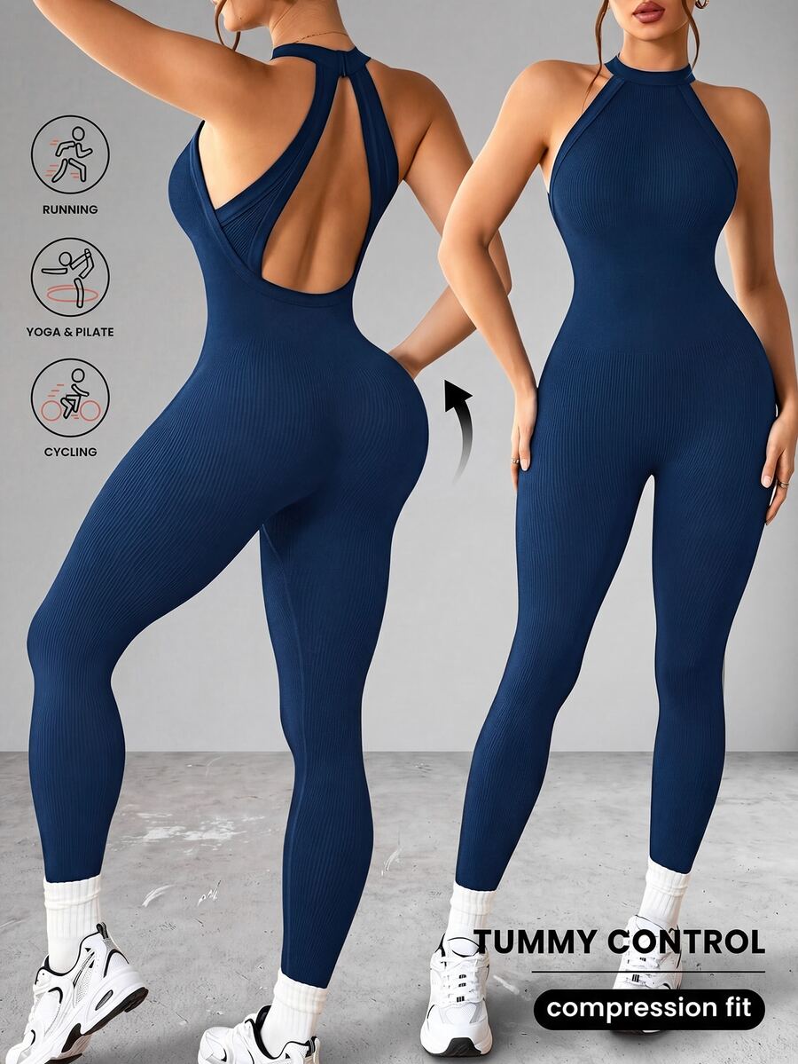 Slayform Slayform Jumpsuit Olahraga Wanita Tanpa Punggung, Warna Polos, Elastis, Tanpa Jahitan, Musim Panas - Navy Blue - View 1